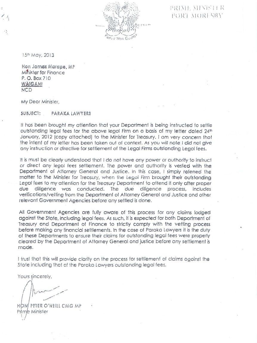 PNG Prime Minister Letter