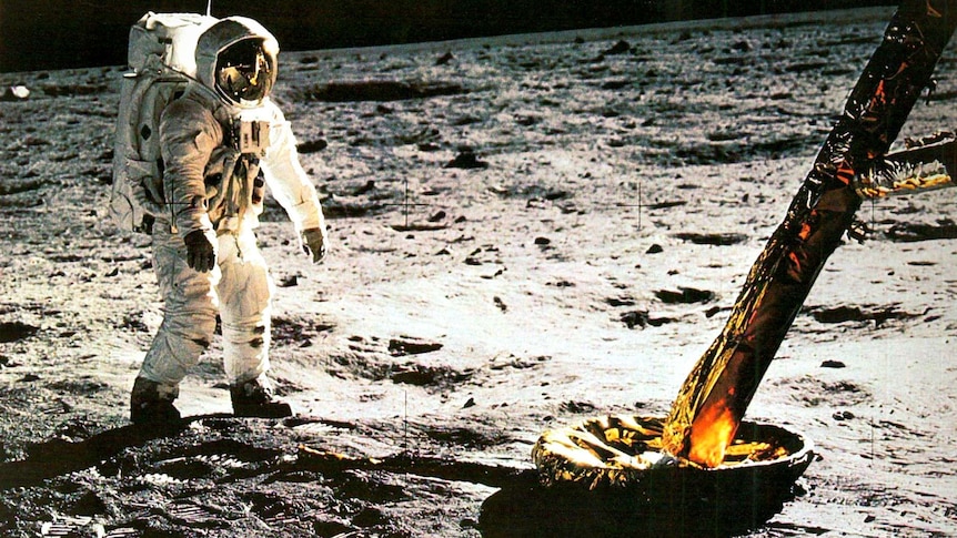 Astronaut Buzz Aldrin walking on the moon's surface in 1969.