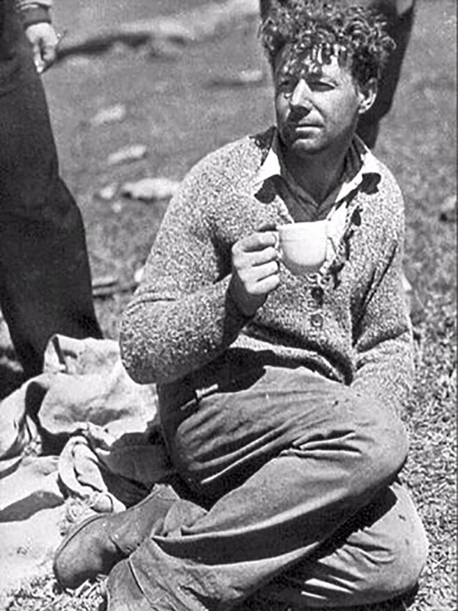 Alfonso Bernard O'Reilly enjoying a well-deserved cuppa after rescuing the Stinson survivors