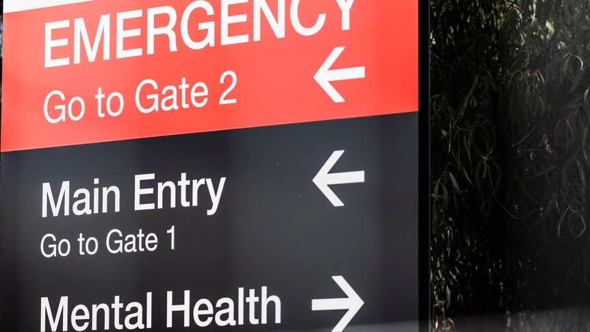 A hospital sign showing the way to emergency and the main entry.