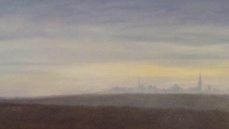 A triptych painting of a sunrise over Bullecourt, France.