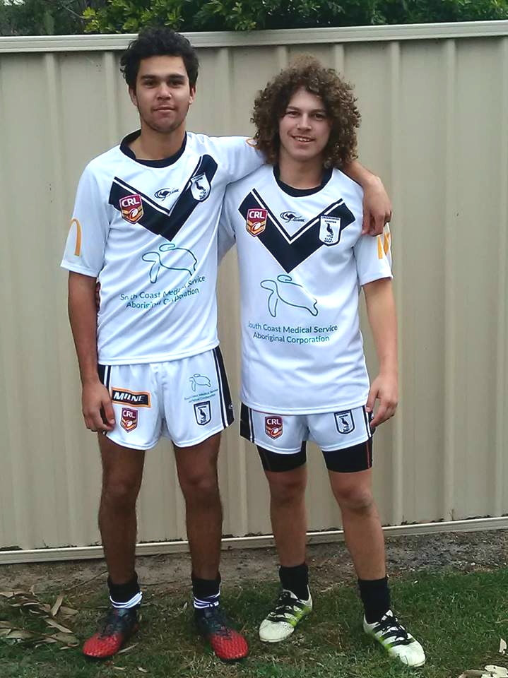 Jarrod Lonesborough (left) and Dylan Talbott (right) in their Crookhaven magpies rugby league uniforms