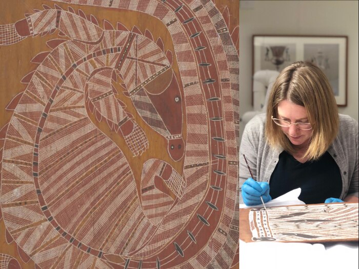 A composite image of a bark painting, and a woman preserving the painting