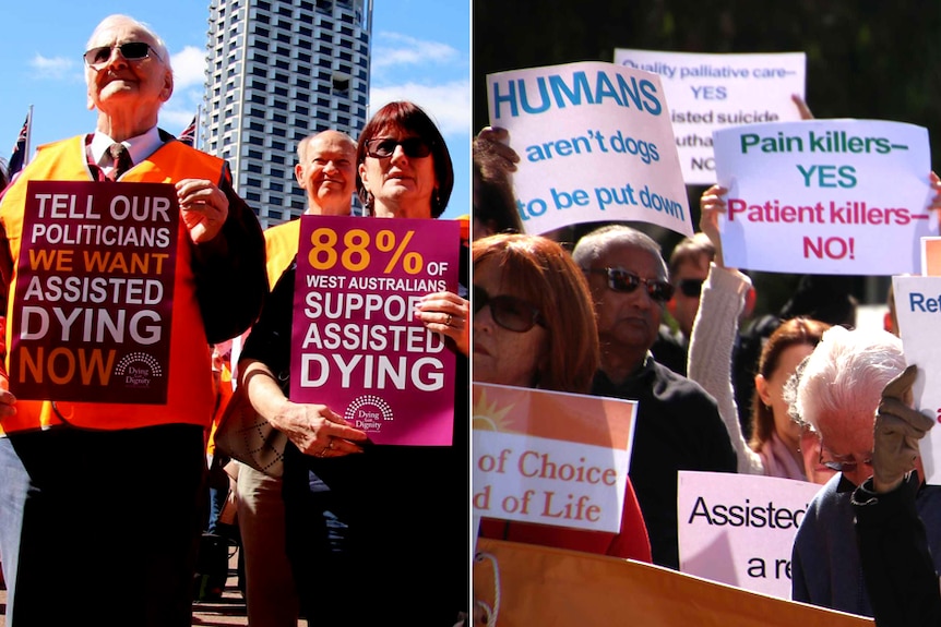 A split image of pro- and anti-euthanasia campaigners holding signs at rallies.