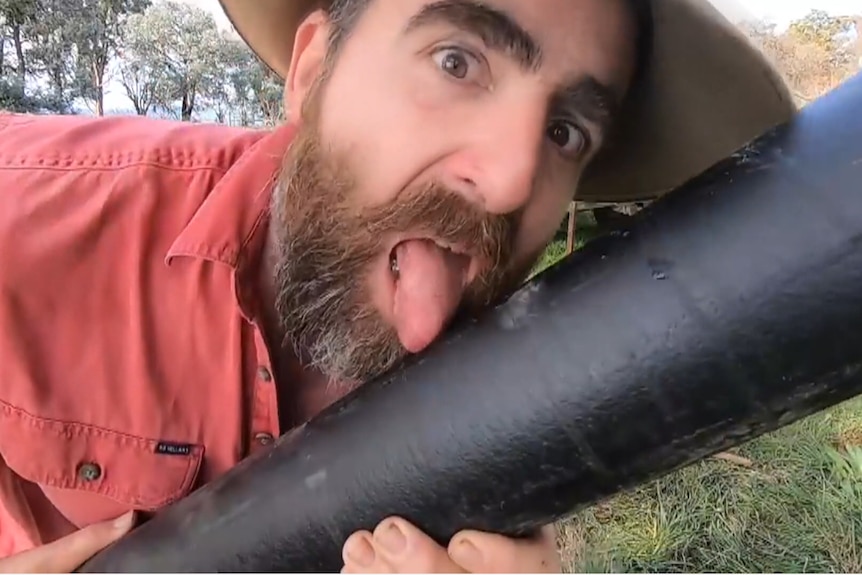 Photo of Tim Thompson licking a fence post