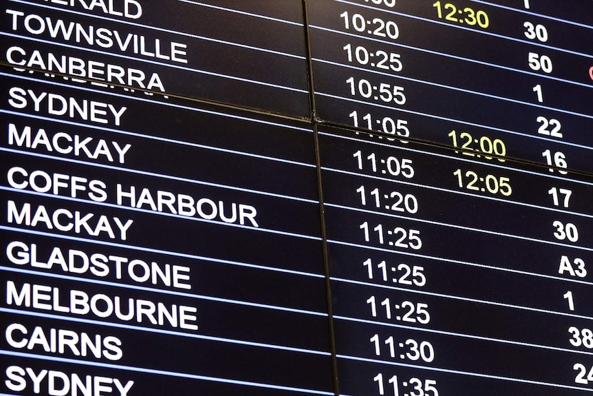 The arrival board with times at Brisbane airport.