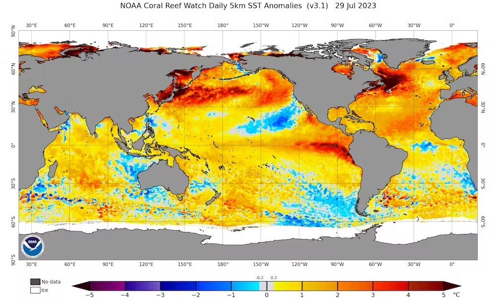 A map of the world showing temperature differences and specifically extreme heat in the northern hemisphere