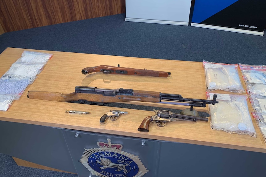 Five guns and a selection of illicit drugs seized by Tasmania Police, May 2019