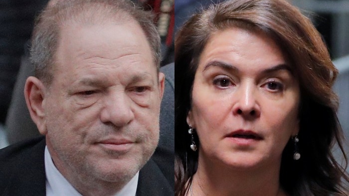 a picture of harvey weinstein in a suit next to a picture of Annabella sciorra