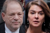 a picture of harvey weinstein in a suit next to a picture of Annabella sciorra