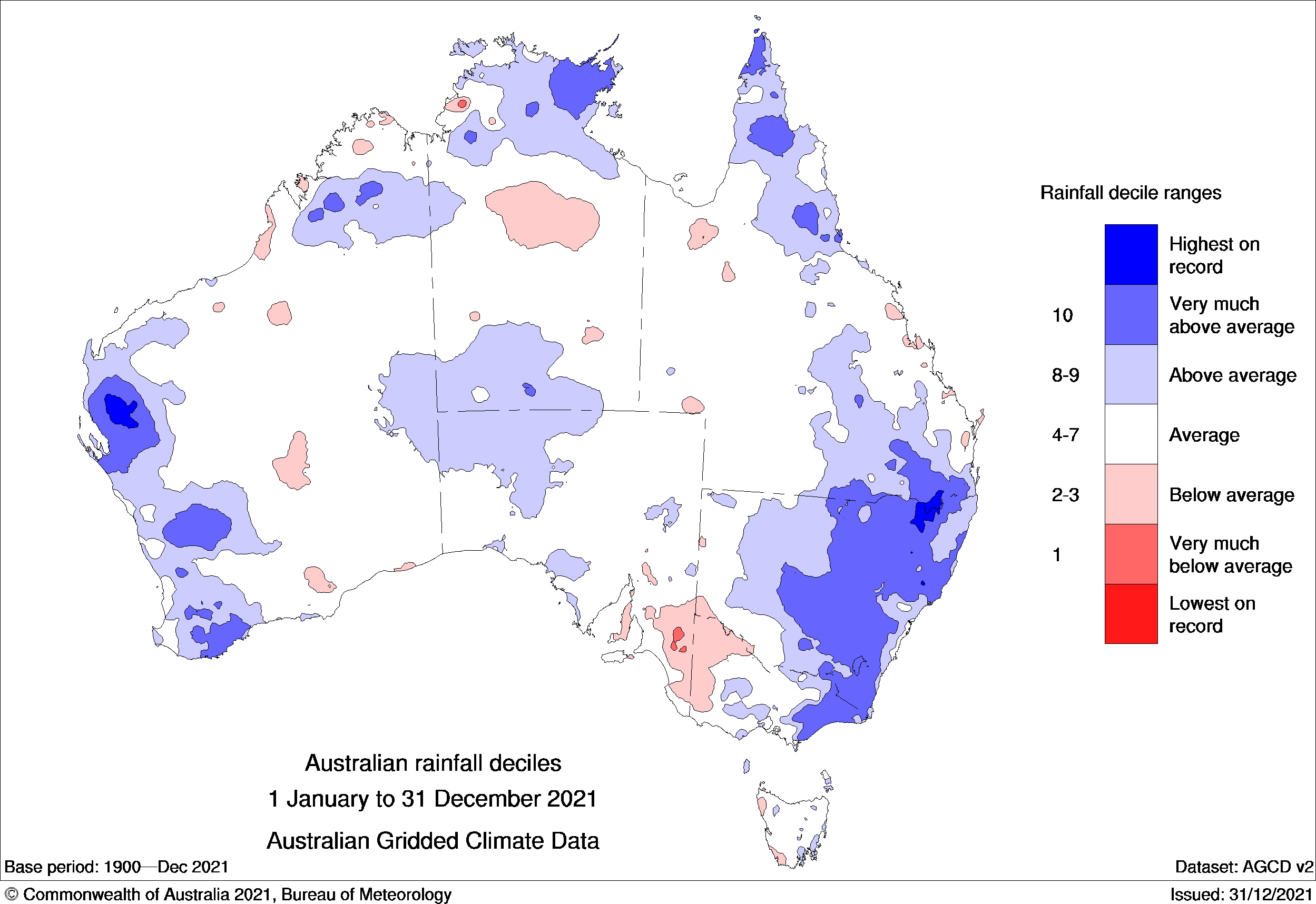 Map of Aus, blue south east and south west indicating above average rainfall in 2021