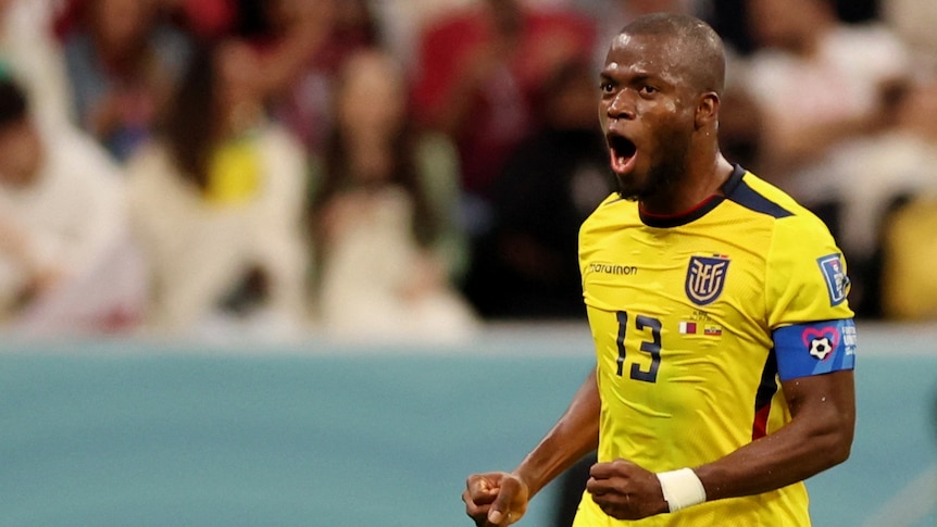 Close up of Ecuador's Enner Valencia celebrating with two fist pumps.