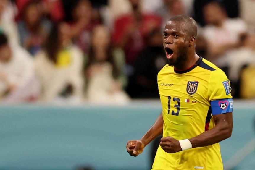 Close up of Ecuador's Enner Valencia celebrating with two fist pumps.