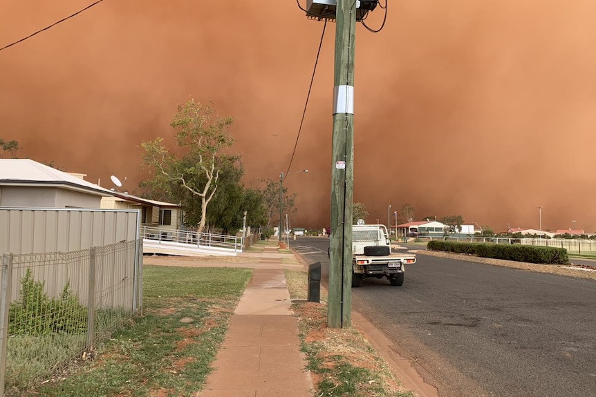 Dust storm approaches to outback town of Thargominah in south-west Queensland.