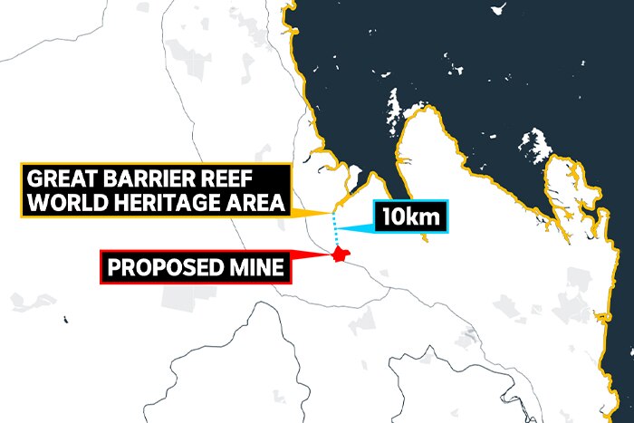 Une carte montre l'emplacement d'une mine et l'emplacement de la Grande Barrière de Corail.