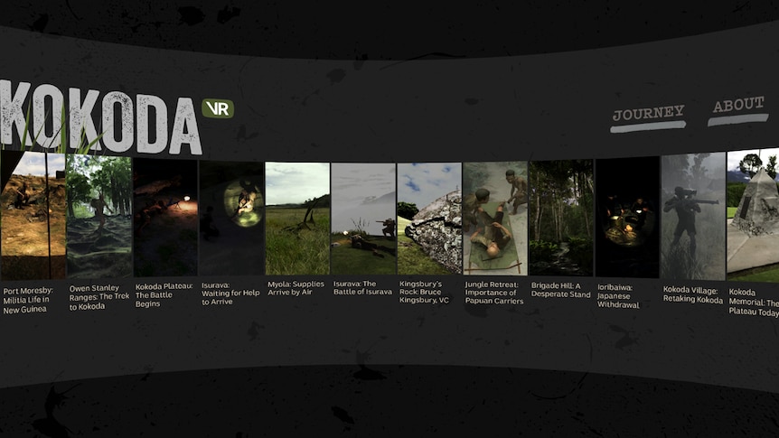 Screenshot of menu for Kokoda VR story showing various different battles the viewer can find out about.