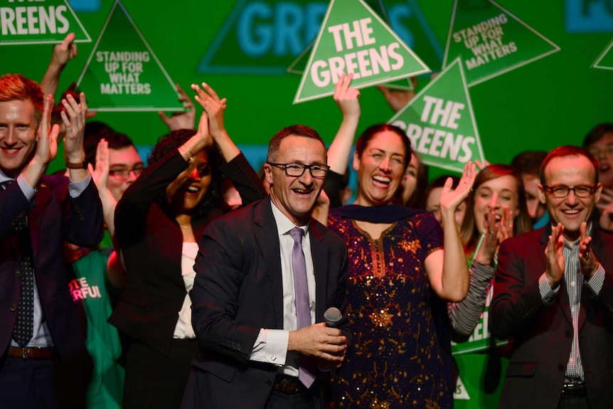 Greens leader Richard Di Natale and Batman candidate Alex Bhathal at an election party in 2016.