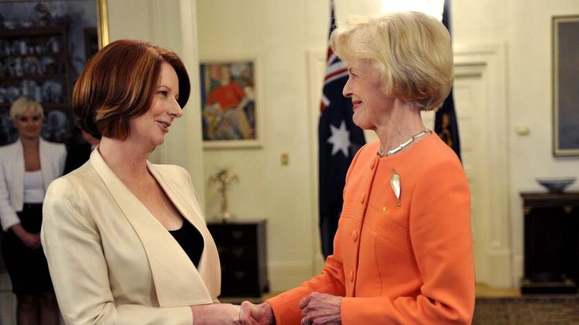 Officially sworn in: Julia Gillard is congratulated by Governor-General Quentin Bryce after the ceremony.