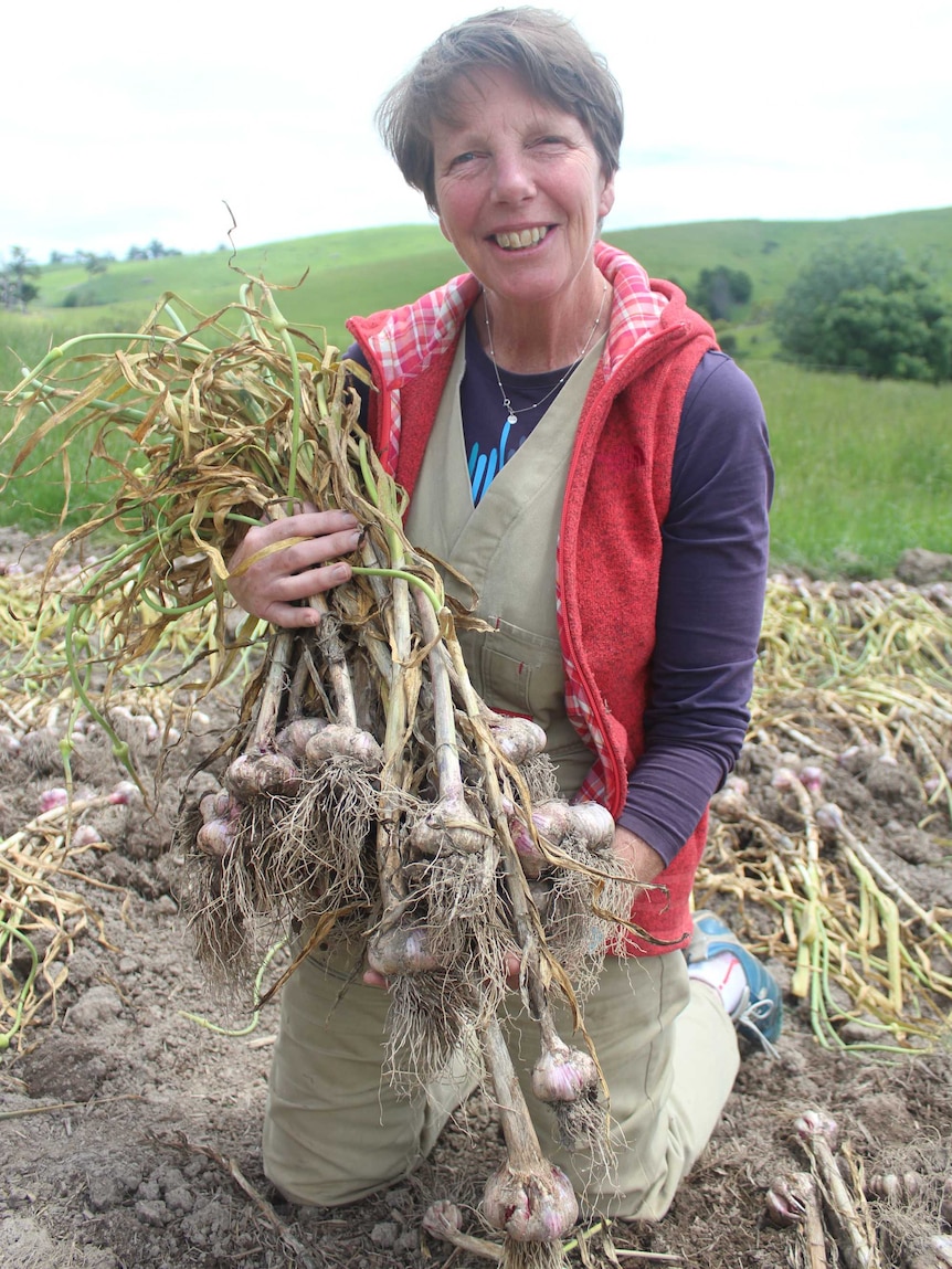 Garlic grower Kirsten Jones shows off some new season produce.