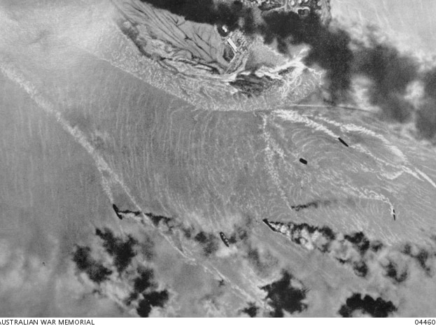 Ships burning in Darwin Harbour after the Japanese WWII attack
