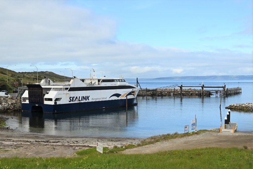 A ferry sits in a small harbour in front of a rock wall and jetty