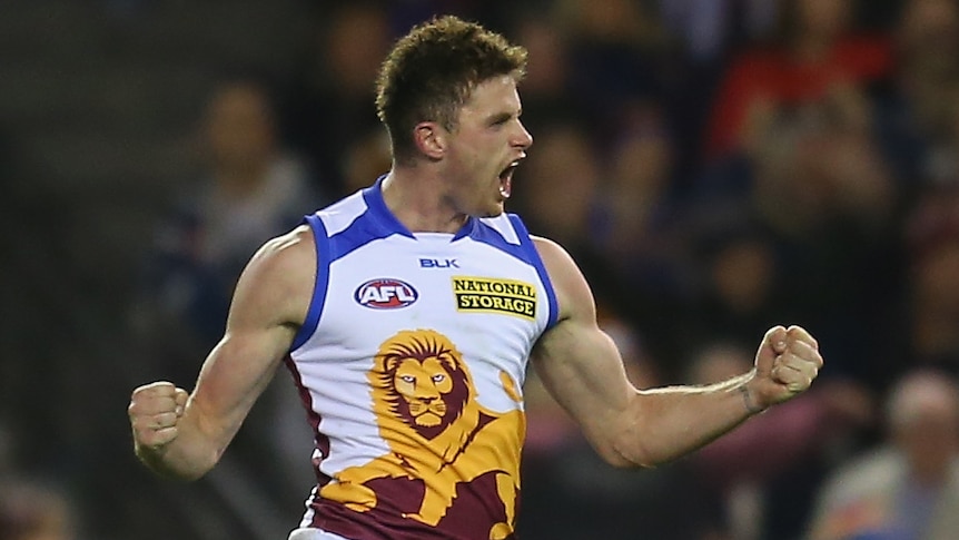 Pearce Hanley celebrates a Brisbane Lions goal