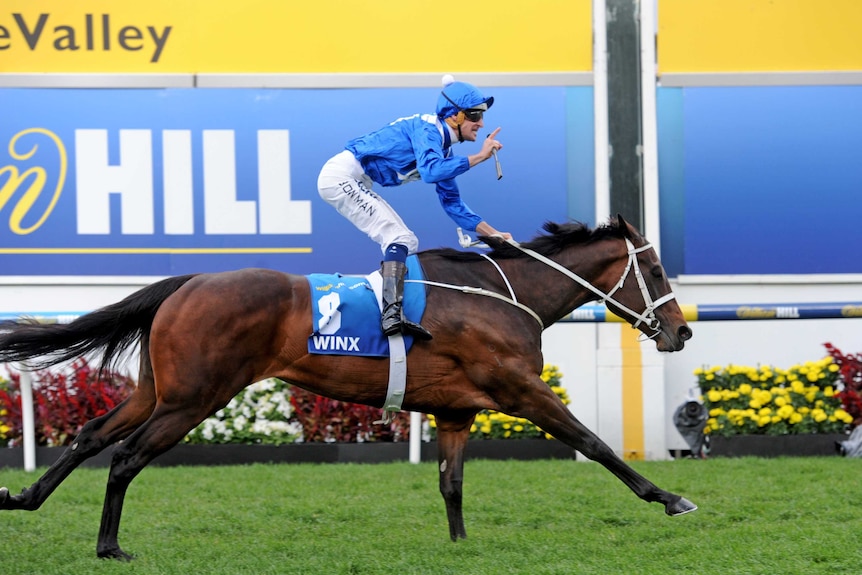 Winx ridden by Hugh Bowman wins the 2016 Cox Plate at Moonee Valley.