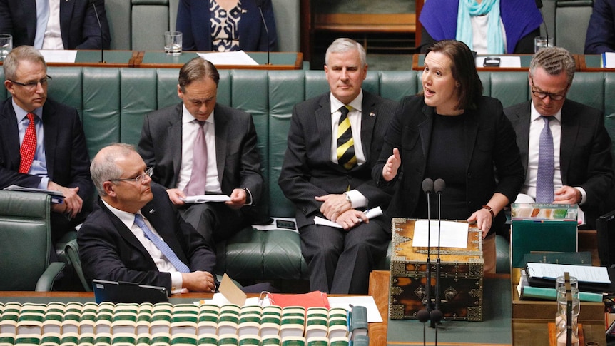 Minister Kelly O'Dwyer speaking next to PM Scott Morrison during Question Time