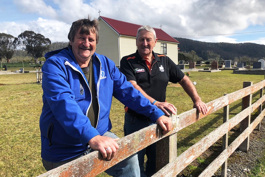 Garry and Lance Lohrey outside their church, St Michaels and All Angels, Pyengana, Tasmania.