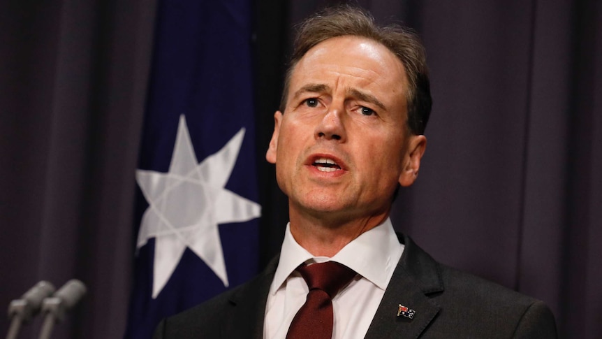 Greg Hunt stands in a blue room in front of an Australian flag