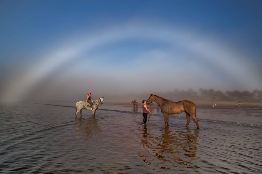Horses and riders standing in the water framed by a white rainbow.