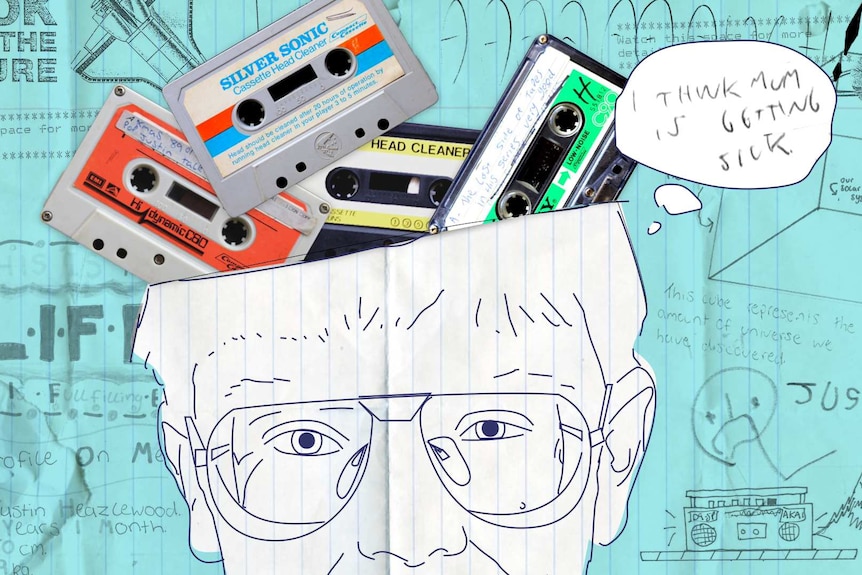 An illustration of a boy's head with cassette tapes spilling out.