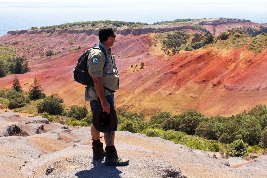 Joel Christian overlooks the eroded valleys of Phillip Island.