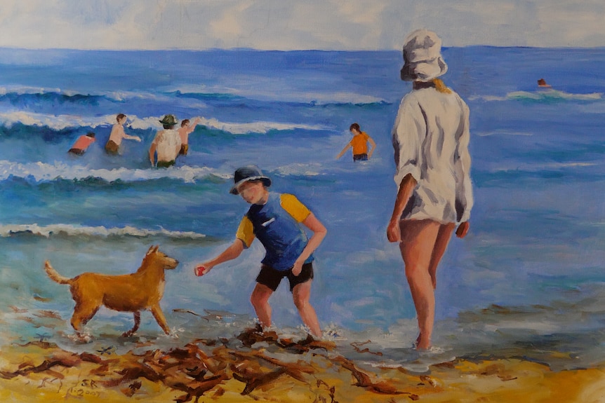 Painting of dog and child and woman playing in the sun on the sea shore