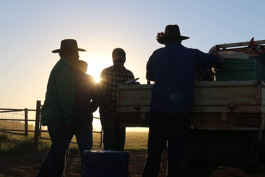 Four people lean against a truck as the sun sets