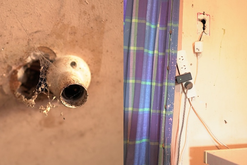 Composite image of exposed cables and a missing light cavity with cobwebs.