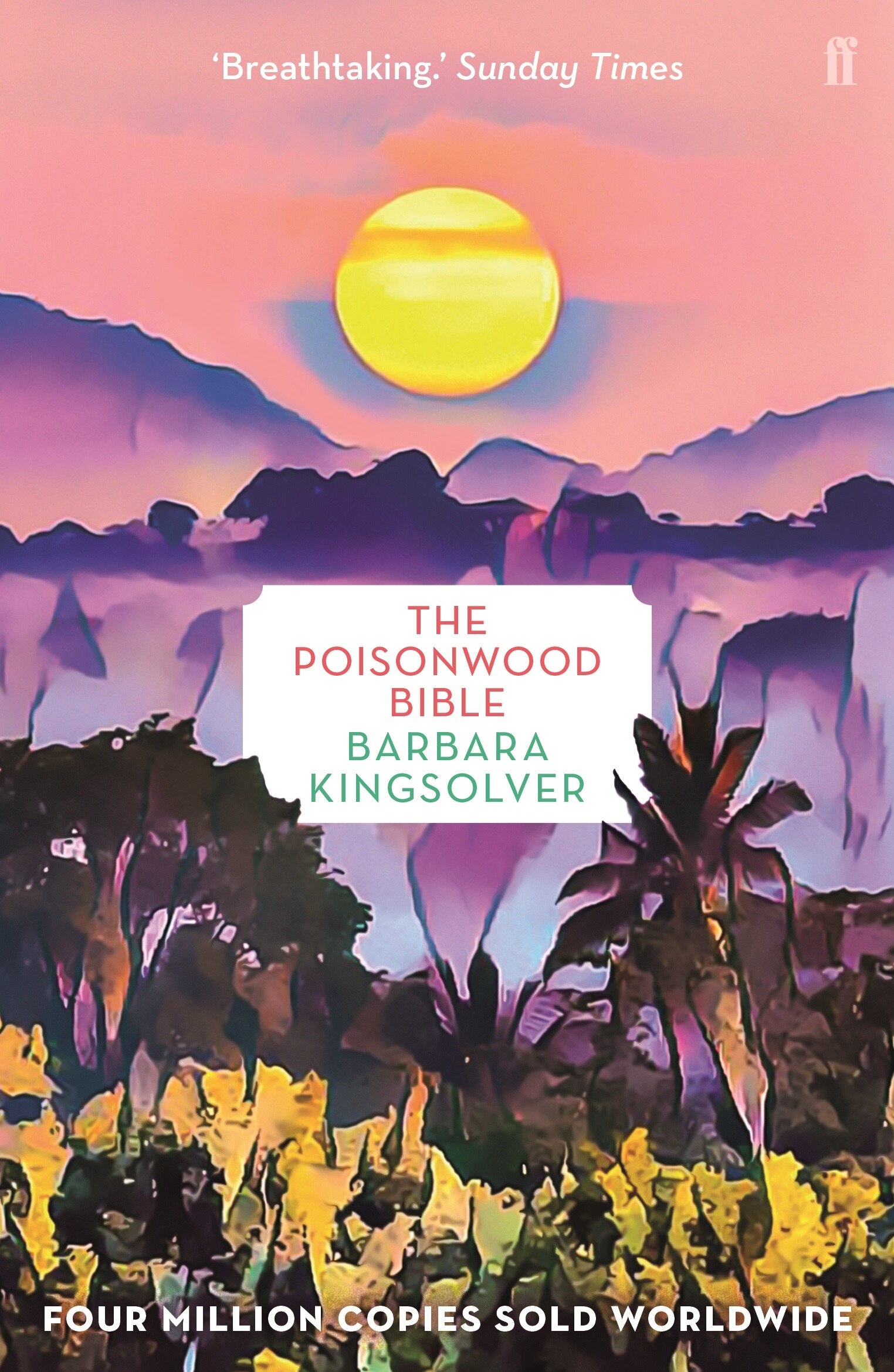 A book cover showing an illustration of a sun in a peach sky hovering above purple mountains and green jungle