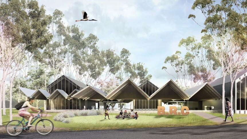 The exterior concept design for a Bininj Resource Centre shows a building with triangular rooves, and a person cycling past