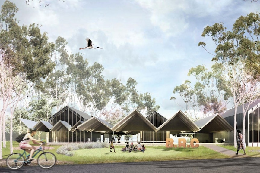 The exterior concept design for a Bininj Resource Centre shows a building with triangular rooves, and a person cycling past