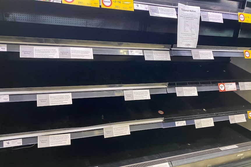 Empty shelves in a supermarket.