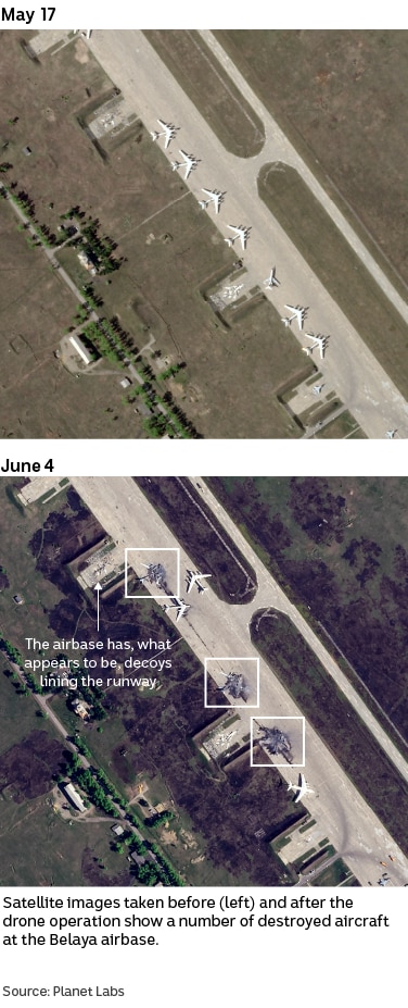 Side-by-side satellite images showing a number of destroyed airplanes on a runway in the after shot.