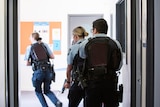 The backs of three police officers who are running through a hallway with guns drawn. 