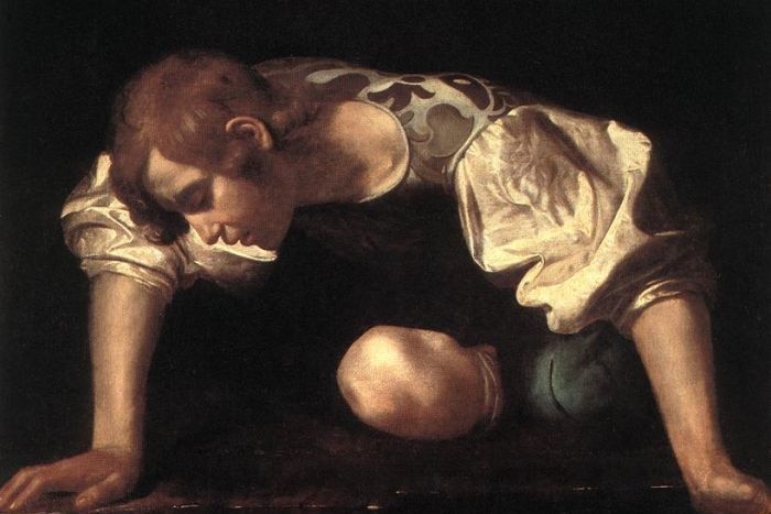 A painting showing Narcissus looking at his own reflection.