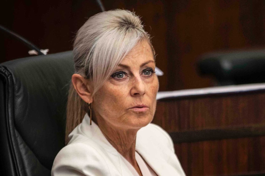 A middle-aged woman sits in parliament