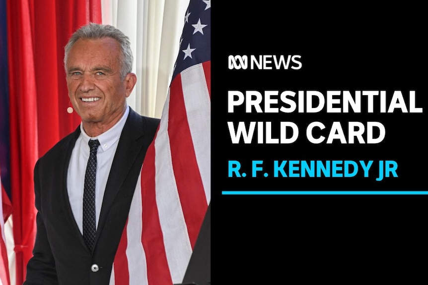 Presidential Wild Card, R. F. Kennedy Jr: A man with grey hair emerging from between two US flags.