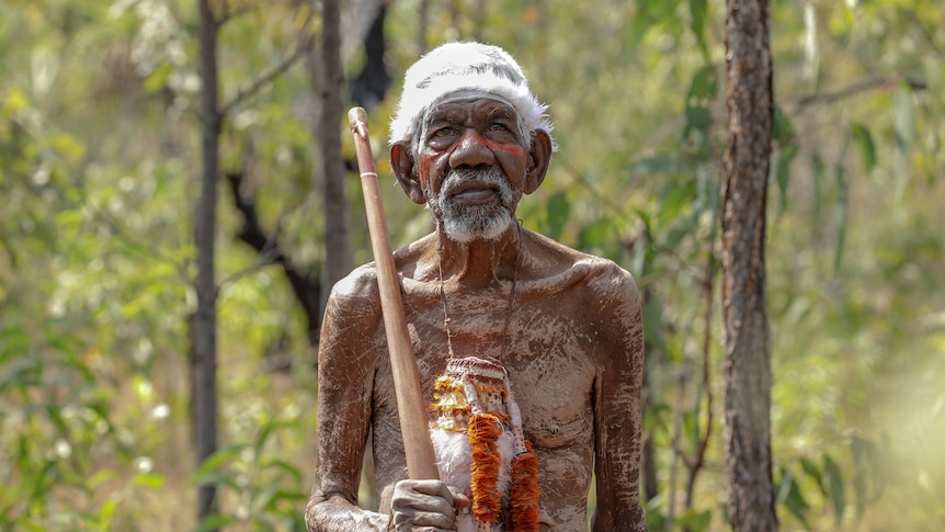 an aboriginal man wearing traditional dress