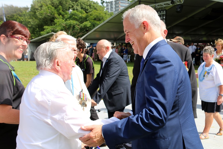 Prime Minister Malcolm Turnbull greets World War II veteran Basil Stahl