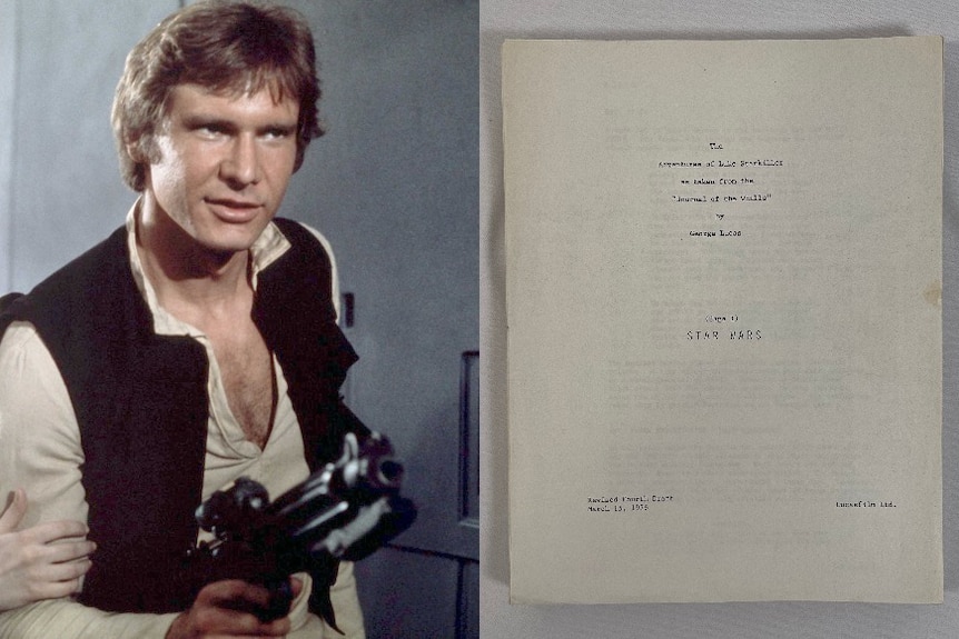 Composite of Harrison Ford as Han Solo holding a gun, and a printed movie script. 