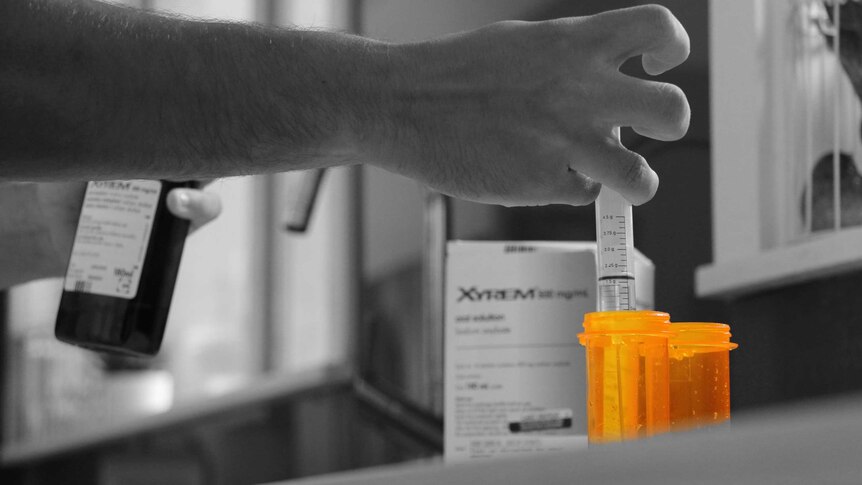 A man holding a syringe fills an orange test tube with medicine