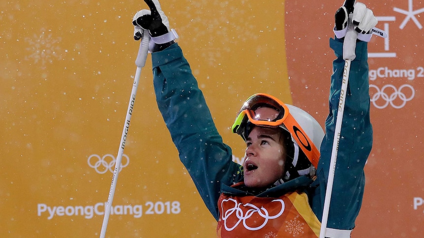 Australia's Britt Cox reacts to her score during the women's moguls finals at Pyeongchang.